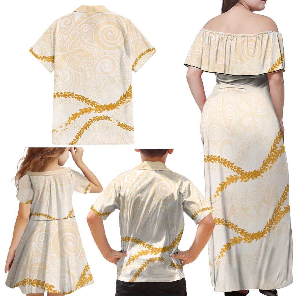 Aloha Lei Mikioi Family Matching Off Shoulder Maxi Dress and Hawaiian Shirt Gold Polynesian Tribal Tatau Pattern