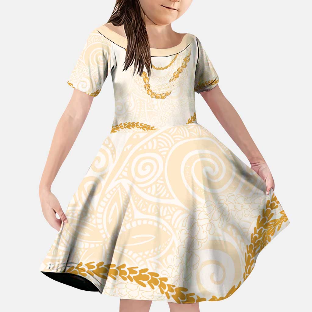 Aloha Lei Mikioi Family Matching Puletasi and Hawaiian Shirt Gold Polynesian Tribal Tatau Pattern LT9 Daughter's Dress Gold - Polynesian Pride