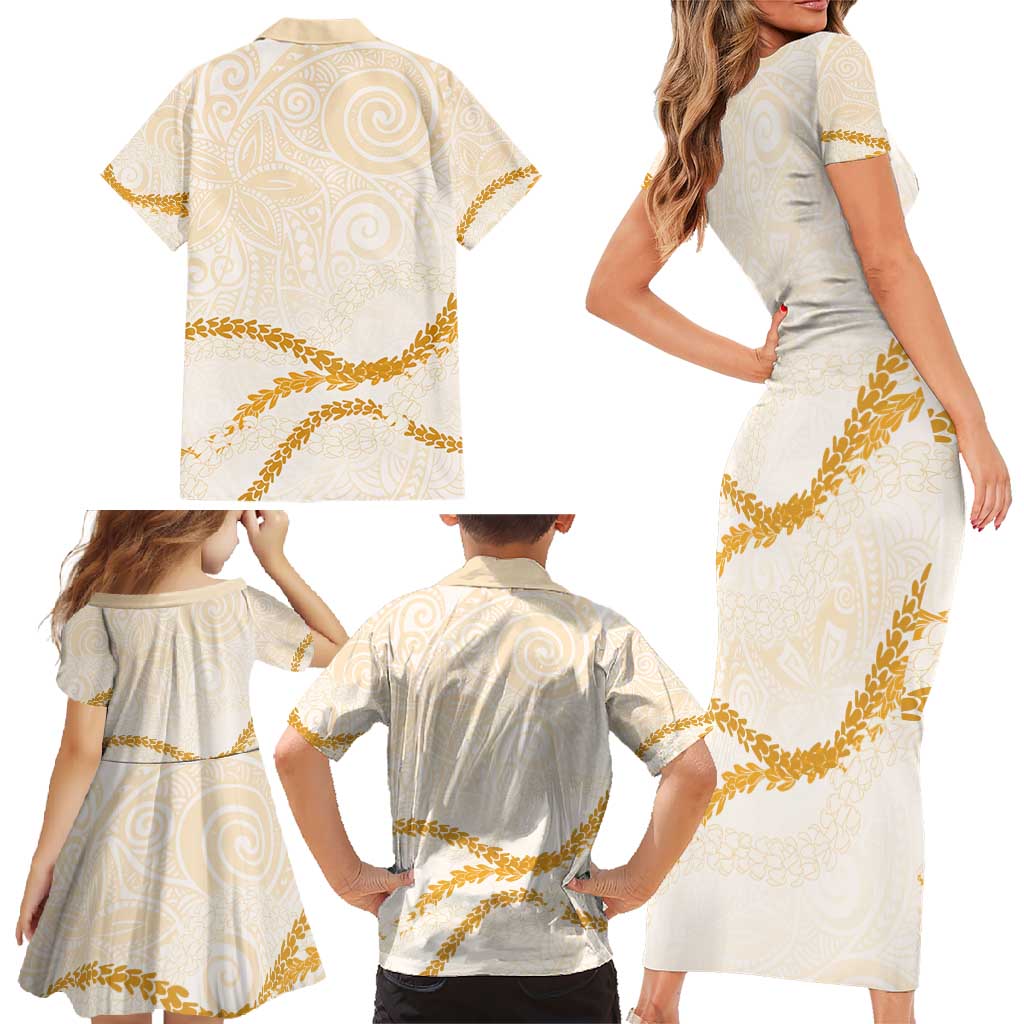 Aloha Lei Mikioi Family Matching Short Sleeve Bodycon Dress and Hawaiian Shirt Gold Polynesian Tribal Tatau Pattern