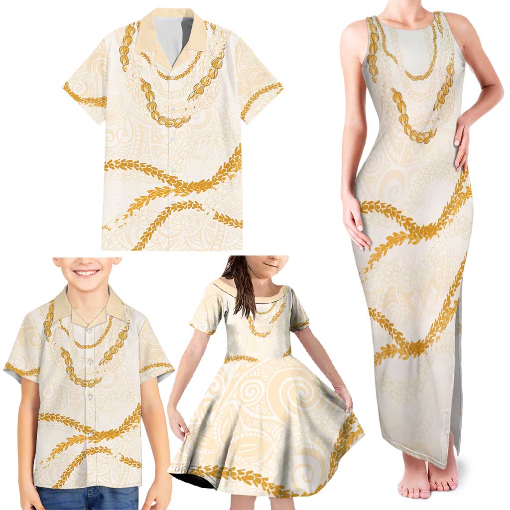 Aloha Lei Mikioi Family Matching Tank Maxi Dress and Hawaiian Shirt Gold Polynesian Tribal Tatau Pattern