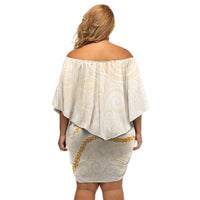 Aloha Lei Mikioi Off Shoulder Short Dress Gold Polynesian Tribal Tatau Pattern
