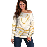 Aloha Lei Mikioi Off Shoulder Sweater Gold Polynesian Tribal Tatau Pattern