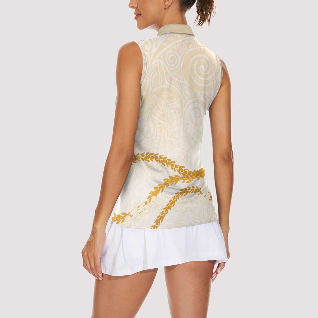 Aloha Lei Mikioi Women Sleeveless Polo Shirt Gold Polynesian Tribal Tatau Pattern