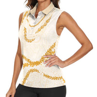 Aloha Lei Mikioi Women Sleeveless Polo Shirt Gold Polynesian Tribal Tatau Pattern