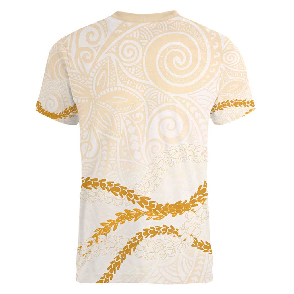 Aloha Lei Mikioi Women V-Neck T-Shirt Gold Polynesian Tribal Tatau Pattern