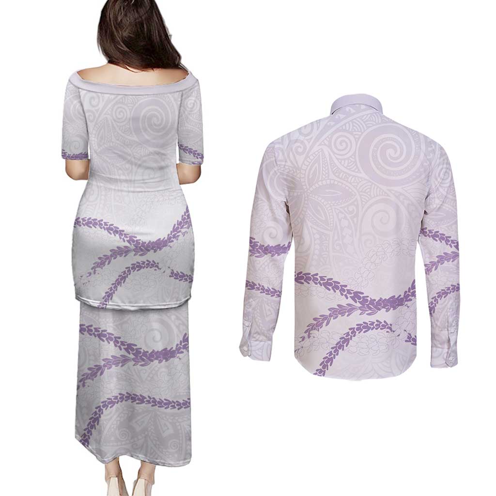 Aloha Lei Mikioi Couples Matching Puletasi and Long Sleeve Button Shirt Purple Polynesian Tribal Tatau Pattern LT9 - Polynesian Pride