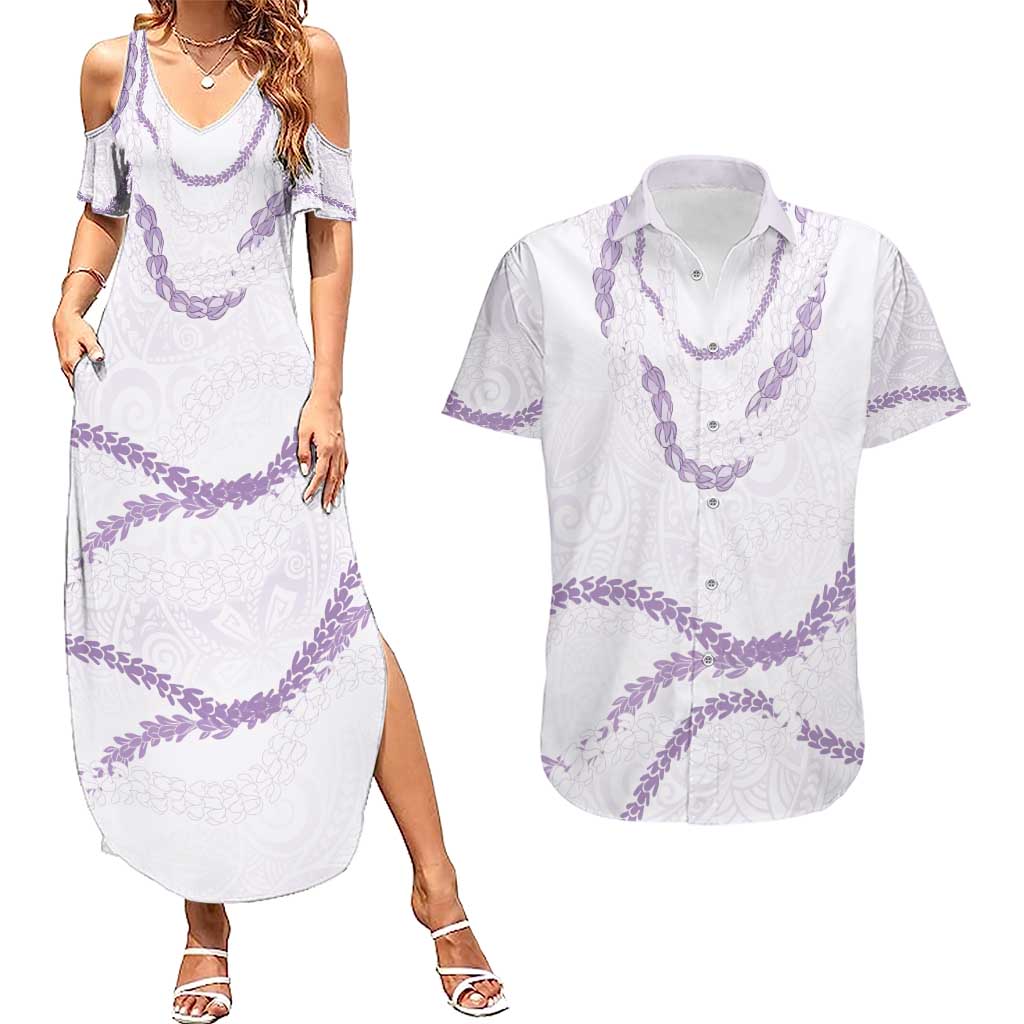 Aloha Lei Mikioi Couples Matching Summer Maxi Dress and Hawaiian Shirt Purple Polynesian Tribal Tatau Pattern