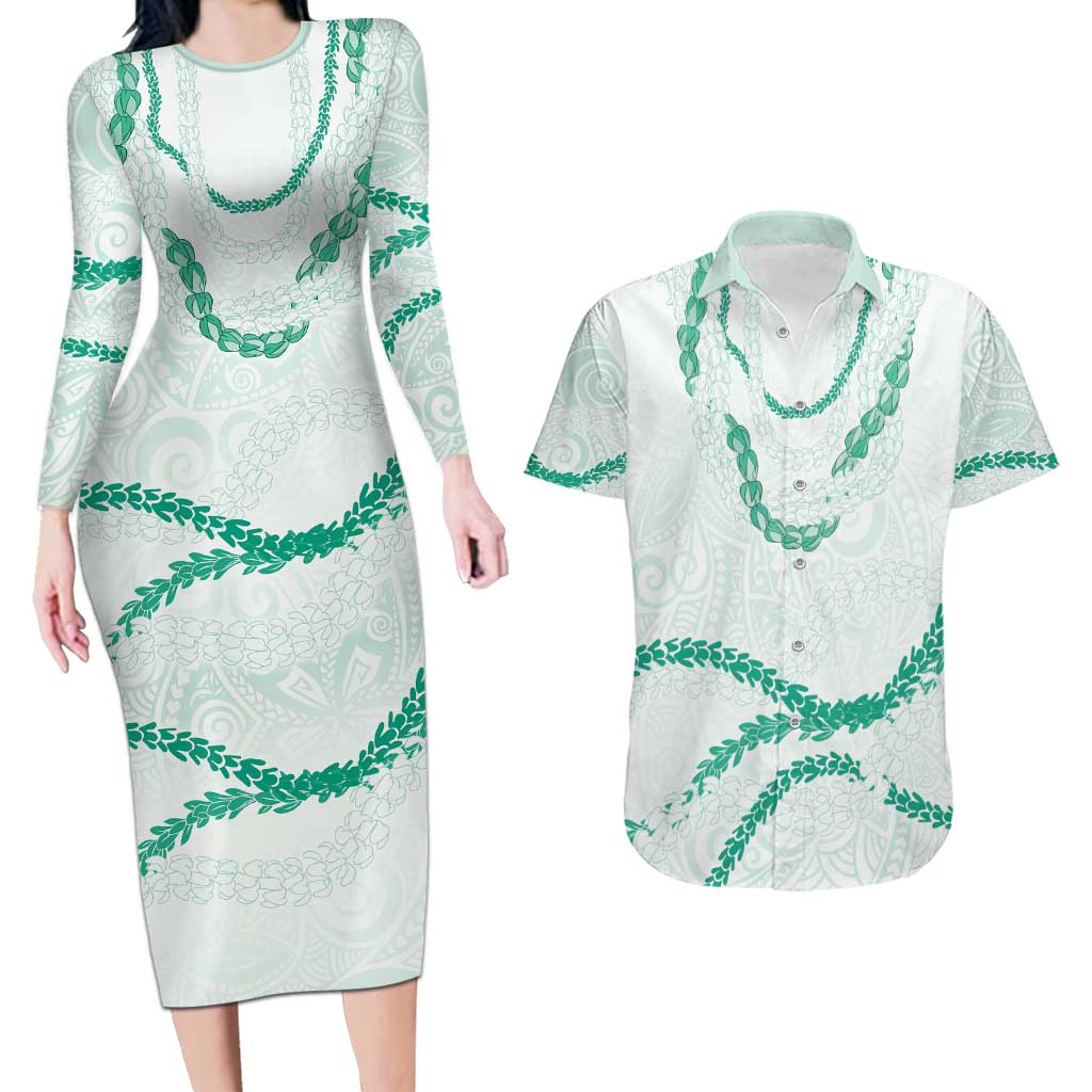 Aloha Lei Mikioi Couples Matching Long Sleeve Bodycon Dress and Hawaiian Shirt Sage Green Polynesian Tribal Tatau Pattern