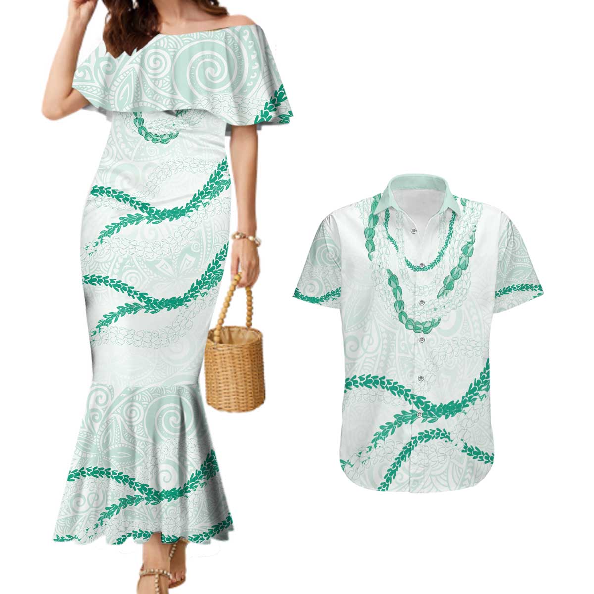 Aloha Lei Mikioi Couples Matching Mermaid Dress and Hawaiian Shirt Sage Green Polynesian Tribal Tatau Pattern