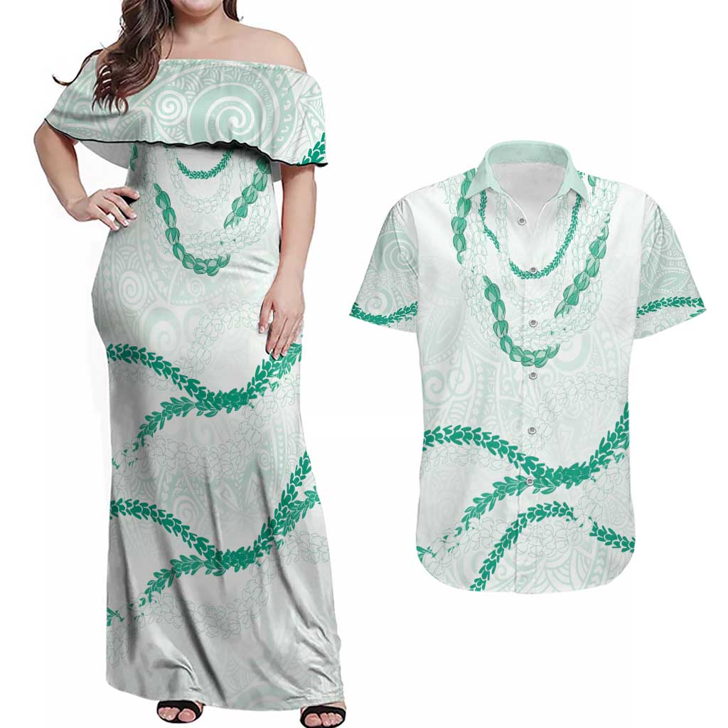 Aloha Lei Mikioi Couples Matching Off Shoulder Maxi Dress and Hawaiian Shirt Sage Green Polynesian Tribal Tatau Pattern