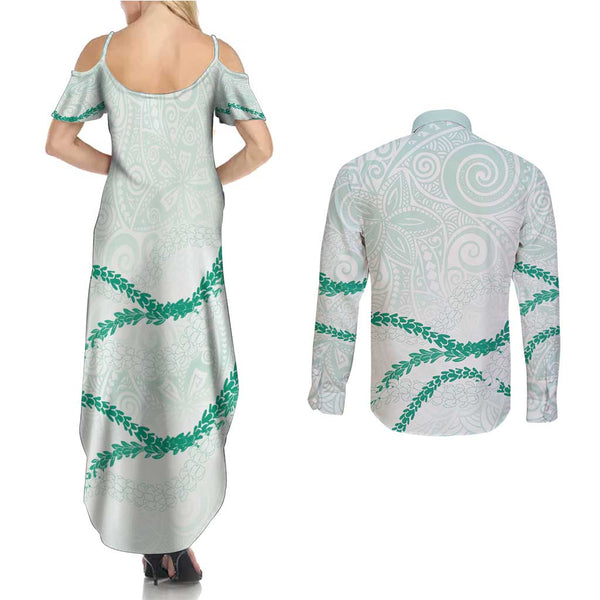 Hawaii Maui Couples Matching Tank Maxi Dress and Long Sleeve Button Shirts Polynesian Fish Hook Hibiscus Purple Version LT05