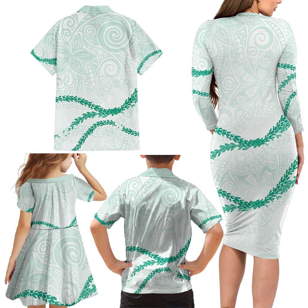 Aloha Lei Mikioi Family Matching Long Sleeve Bodycon Dress and Hawaiian Shirt Sage Green Polynesian Tribal Tatau Pattern