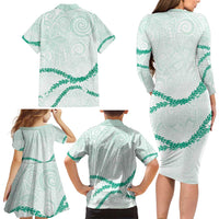 Aloha Lei Mikioi Family Matching Long Sleeve Bodycon Dress and Hawaiian Shirt Sage Green Polynesian Tribal Tatau Pattern