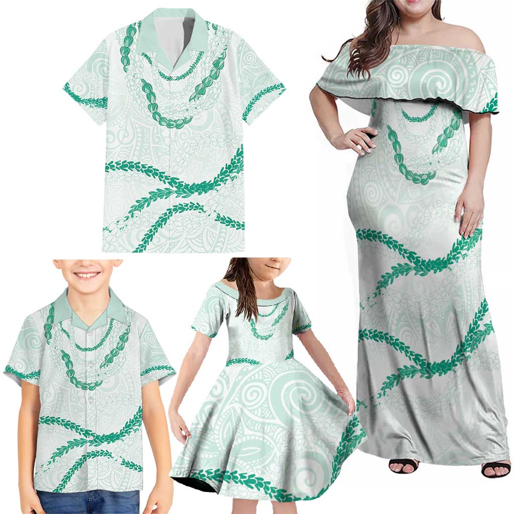Aloha Lei Mikioi Family Matching Off Shoulder Maxi Dress and Hawaiian Shirt Sage Green Polynesian Tribal Tatau Pattern
