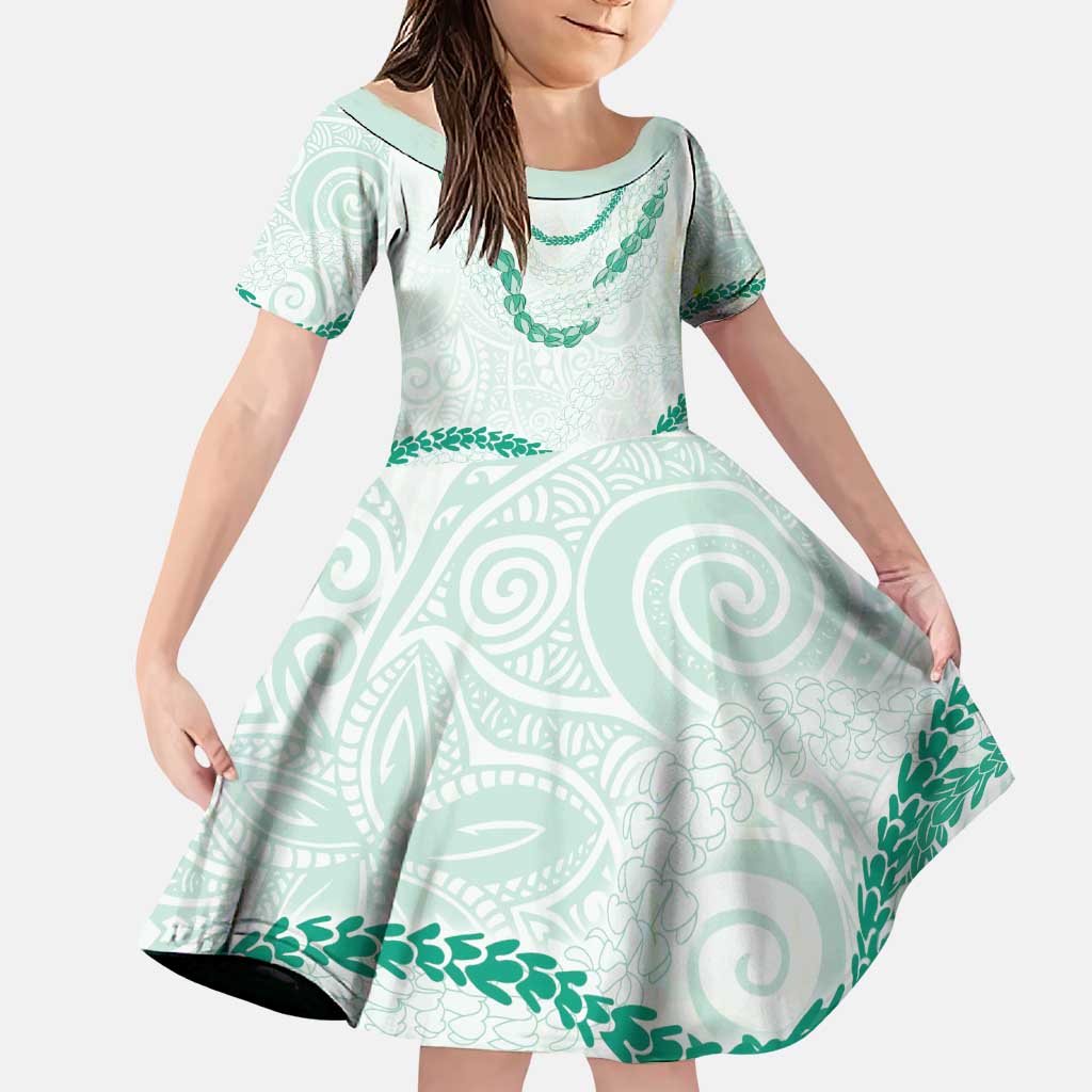 Aloha Lei Mikioi Family Matching Puletasi and Hawaiian Shirt Sage Green Polynesian Tribal Tatau Pattern LT9 Daughter's Dress Green - Polynesian Pride