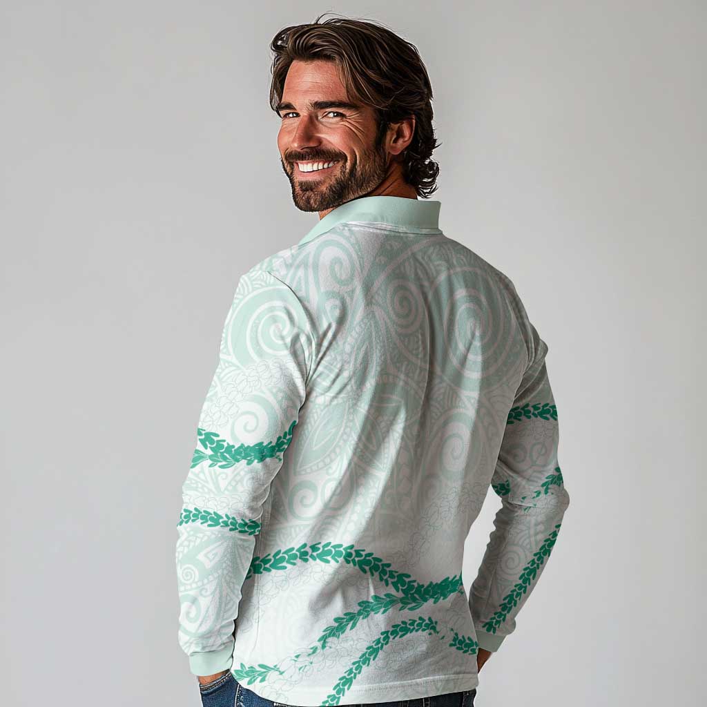 Aloha Lei Mikioi Long Sleeve Polo Shirt Sage Green Polynesian Tribal Tatau Pattern