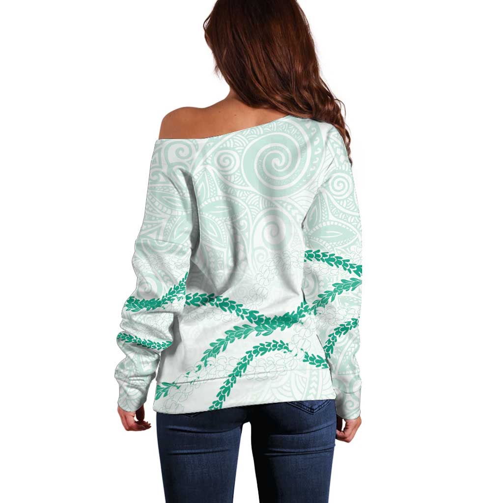 Aloha Lei Mikioi Off Shoulder Sweater Sage Green Polynesian Tribal Tatau Pattern