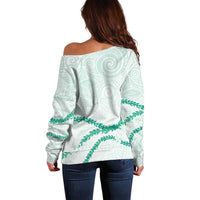 Aloha Lei Mikioi Off Shoulder Sweater Sage Green Polynesian Tribal Tatau Pattern