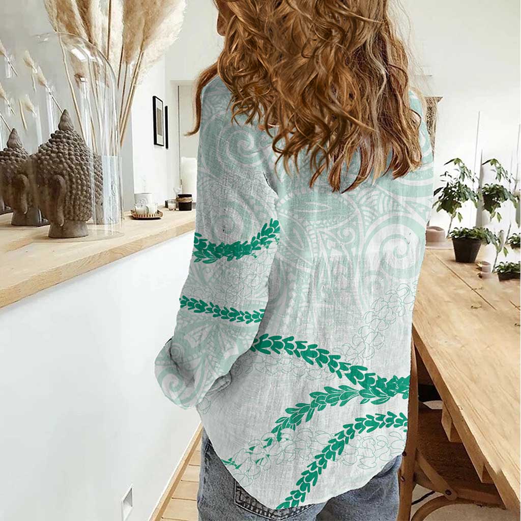 Aloha Lei Mikioi Women Casual Shirt Sage Green Polynesian Tribal Tatau Pattern