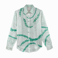 Aloha Lei Mikioi Women Casual Shirt Sage Green Polynesian Tribal Tatau Pattern