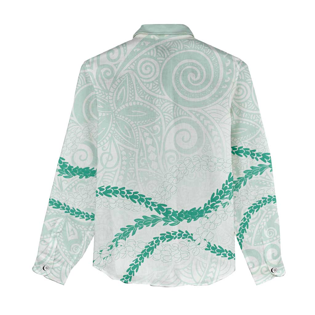 Aloha Lei Mikioi Women Casual Shirt Sage Green Polynesian Tribal Tatau Pattern