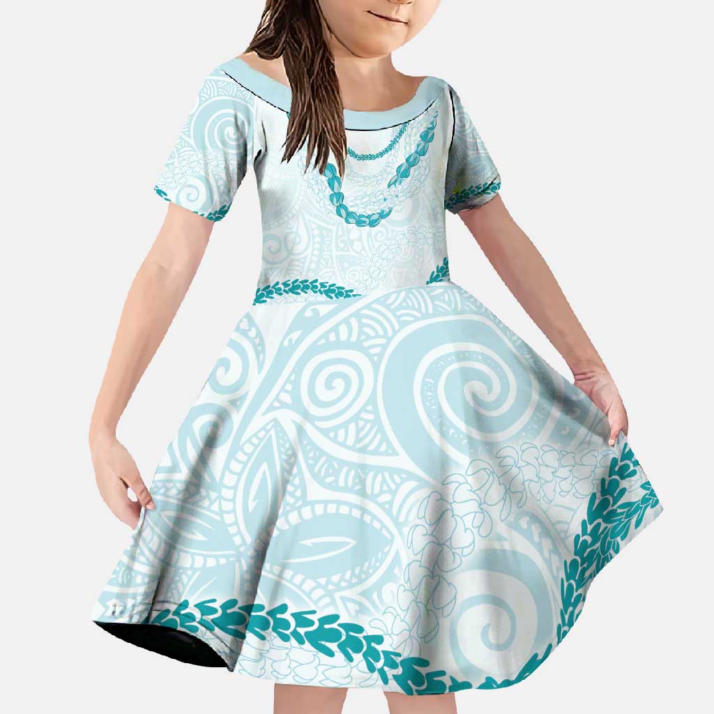Aloha Lei Mikioi Family Matching Mermaid Dress and Hawaiian Shirt Teal Polynesian Tribal Tatau Pattern LT9 Daughter's Dress Teal - Polynesian Pride