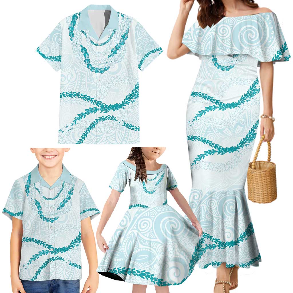 Aloha Lei Mikioi Family Matching Mermaid Dress and Hawaiian Shirt Teal Polynesian Tribal Tatau Pattern