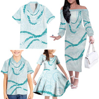 Aloha Lei Mikioi Family Matching Off The Shoulder Long Sleeve Dress and Hawaiian Shirt Teal Polynesian Tribal Tatau Pattern