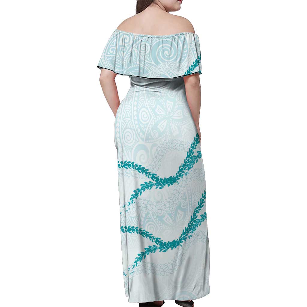 Aloha Lei Mikioi Family Matching Off Shoulder Maxi Dress and Hawaiian Shirt Teal Polynesian Tribal Tatau Pattern