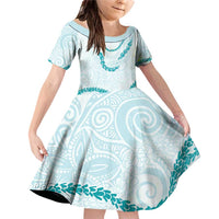Aloha Lei Mikioi Family Matching Off Shoulder Short Dress and Hawaiian Shirt Teal Polynesian Tribal Tatau Pattern