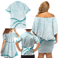 Aloha Lei Mikioi Family Matching Off Shoulder Short Dress and Hawaiian Shirt Teal Polynesian Tribal Tatau Pattern