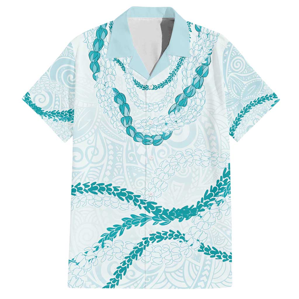 Aloha Lei Mikioi Family Matching Off Shoulder Short Dress and Hawaiian Shirt Teal Polynesian Tribal Tatau Pattern