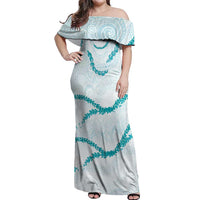 Aloha Lei Mikioi Off Shoulder Maxi Dress Teal Polynesian Tribal Tatau Pattern