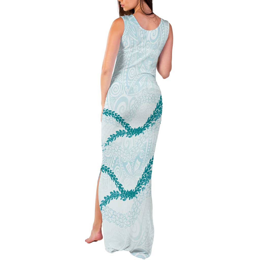 Aloha Lei Mikioi Tank Maxi Dress Teal Polynesian Tribal Tatau Pattern