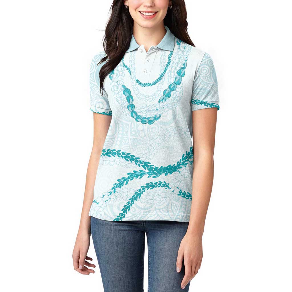 Aloha Lei Mikioi Women Polo Shirt Teal Polynesian Tribal Tatau Pattern