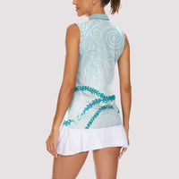 Aloha Lei Mikioi Women Sleeveless Polo Shirt Teal Polynesian Tribal Tatau Pattern