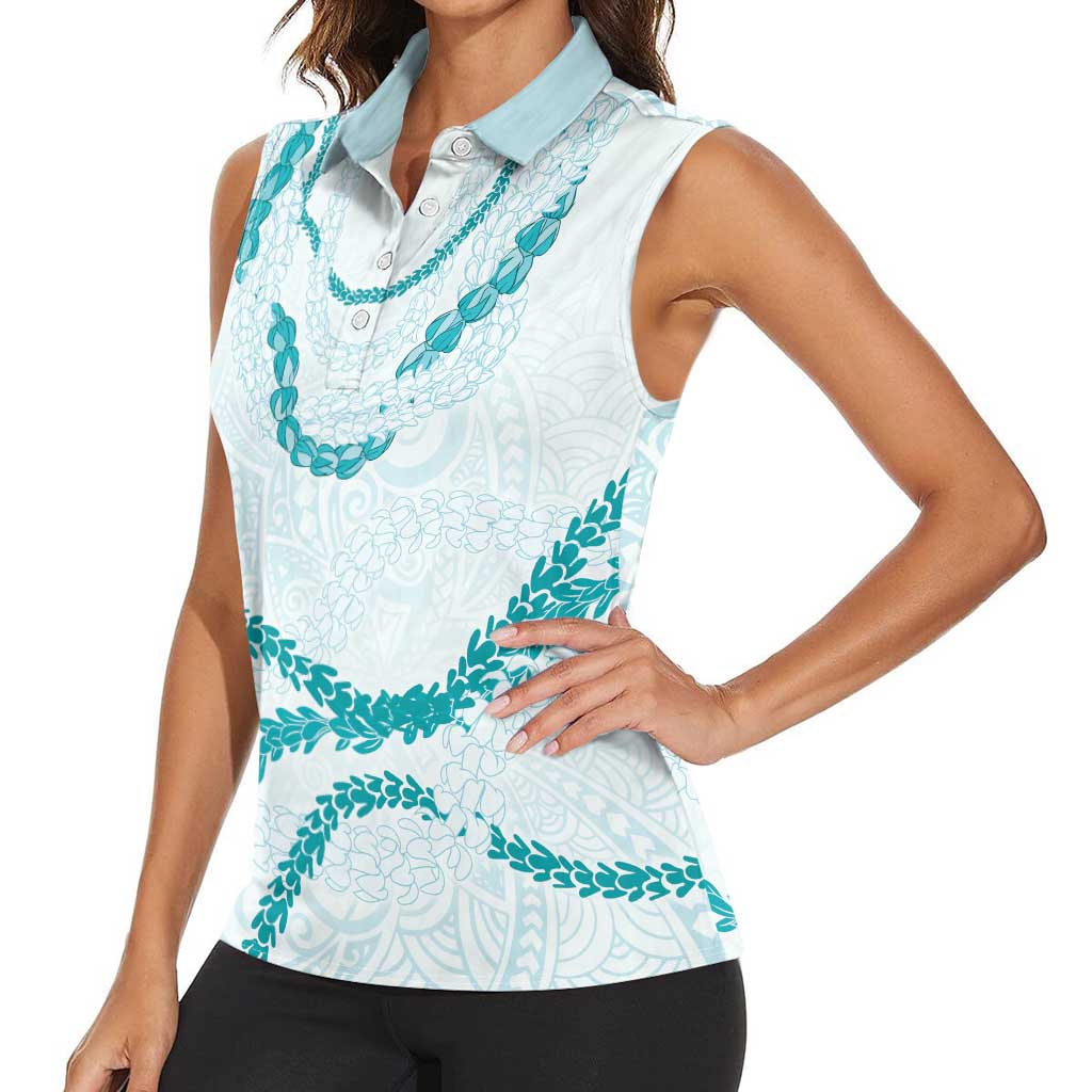 Aloha Lei Mikioi Women Sleeveless Polo Shirt Teal Polynesian Tribal Tatau Pattern