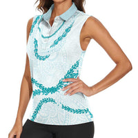 Aloha Lei Mikioi Women Sleeveless Polo Shirt Teal Polynesian Tribal Tatau Pattern