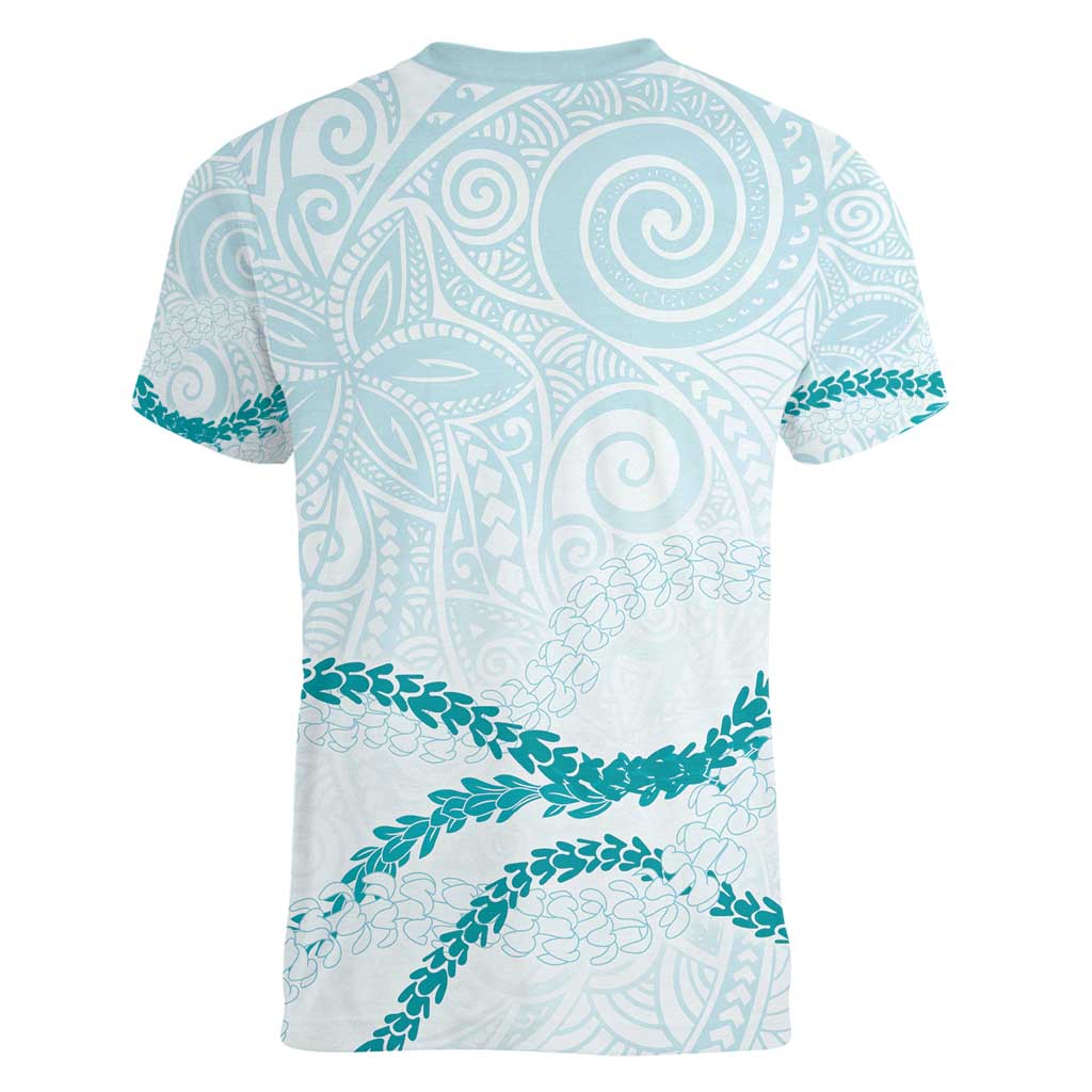 Aloha Lei Mikioi Women V-Neck T-Shirt Teal Polynesian Tribal Tatau Pattern