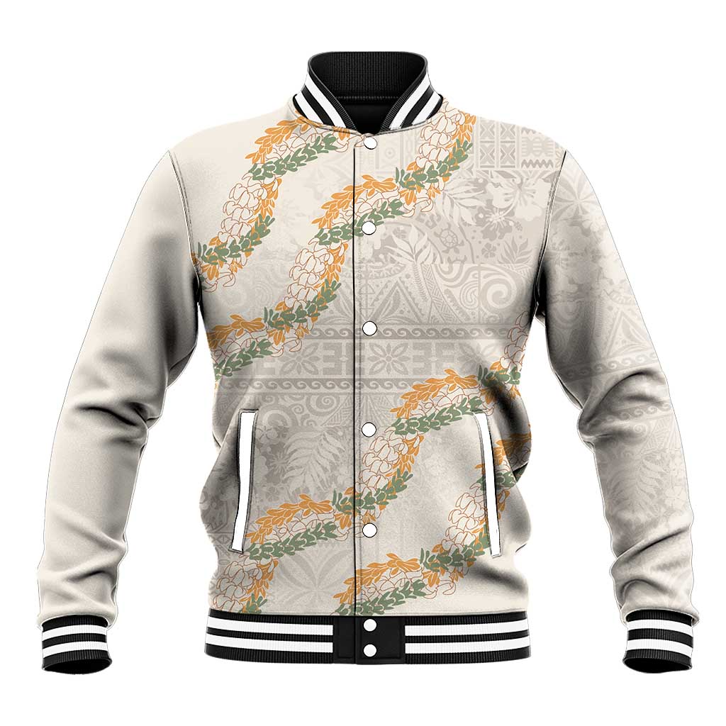 Aloha Pakalana and Puakenikeni Lei Baseball Jacket Beige Hawaiian Pattern LT9 Unisex Beige - Polynesian Pride
