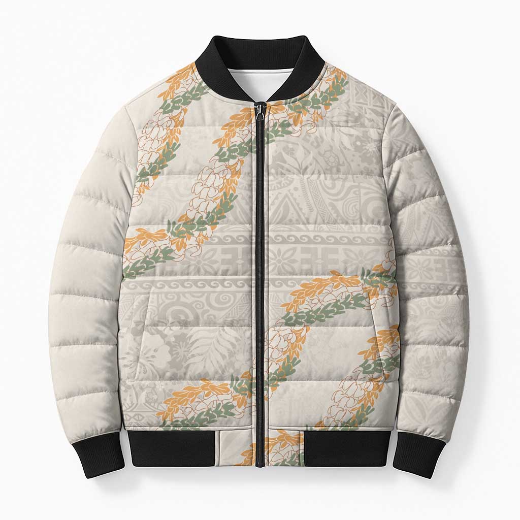 Aloha Pakalana and Puakenikeni Lei Bomber Puffer Jacket Beige Hawaiian Pattern - Polynesian Pride
