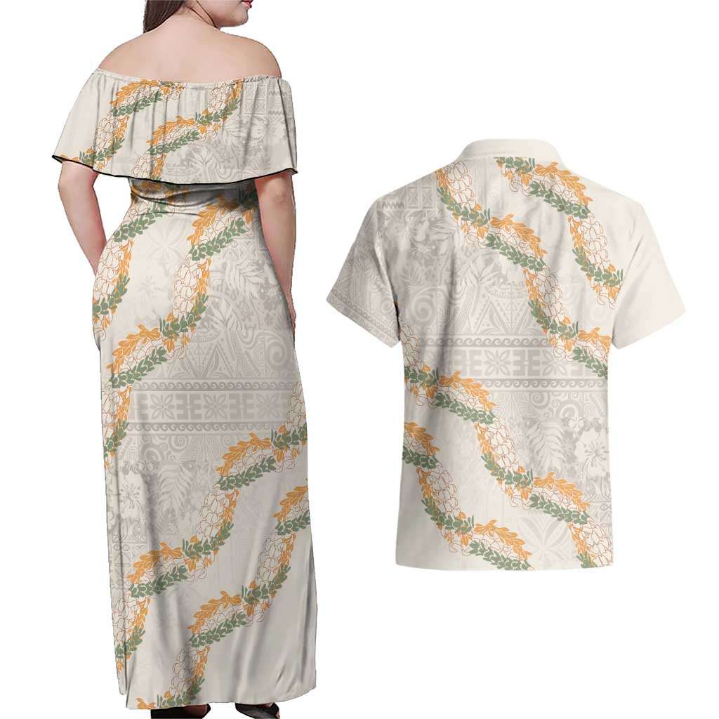 Aloha Pakalana and Puakenikeni Lei Couples Matching Off Shoulder Maxi Dress and Hawaiian Shirt Beige Hawaiian Pattern