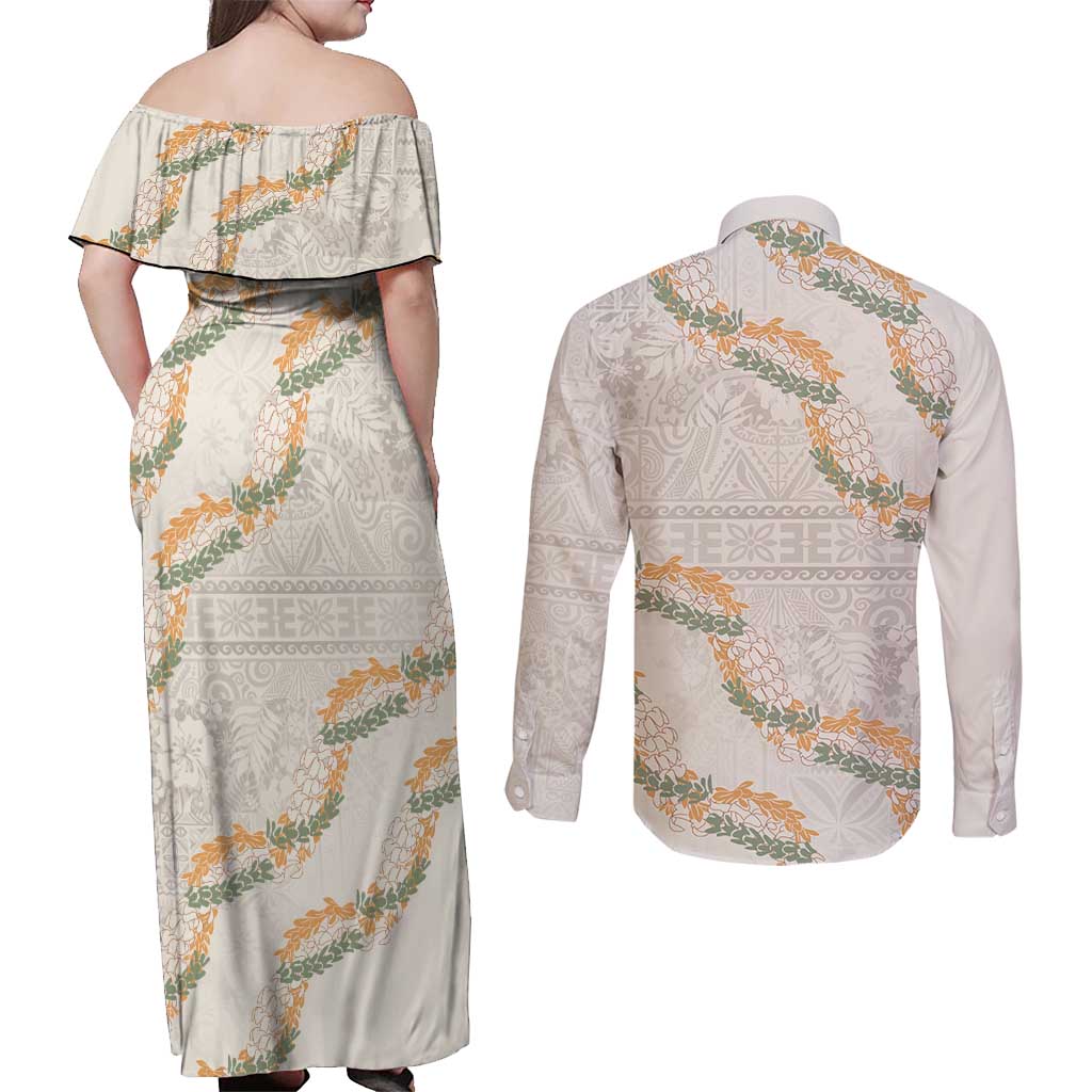 Aloha Pakalana and Puakenikeni Lei Couples Matching Off Shoulder Maxi Dress and Long Sleeve Button Shirt Beige Hawaiian Pattern