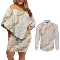 Aloha Pakalana and Puakenikeni Lei Couples Matching Off Shoulder Short Dress and Long Sleeve Button Shirt Beige Hawaiian Pattern