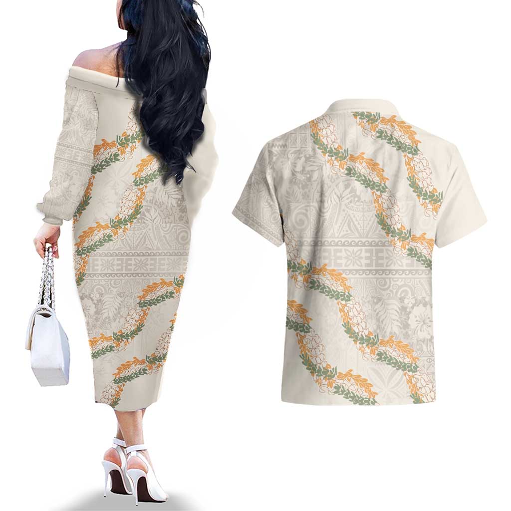 Aloha Pakalana and Puakenikeni Lei Couples Matching Off The Shoulder Long Sleeve Dress and Hawaiian Shirt Beige Hawaiian Pattern