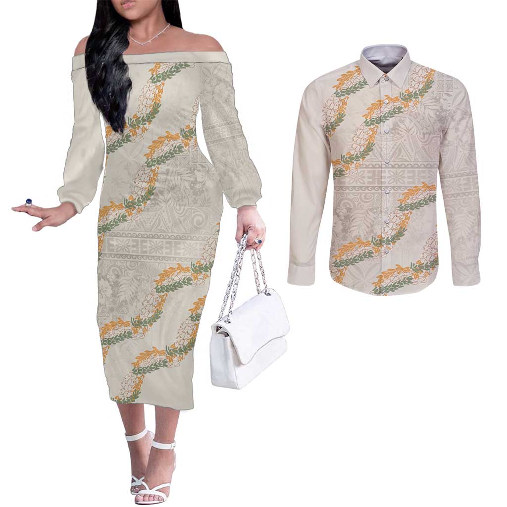 Aloha Pakalana and Puakenikeni Lei Couples Matching Off The Shoulder Long Sleeve Dress and Long Sleeve Button Shirt Beige Hawaiian Pattern