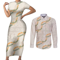 Aloha Pakalana and Puakenikeni Lei Couples Matching Short Sleeve Bodycon Dress and Long Sleeve Button Shirt Beige Hawaiian Pattern