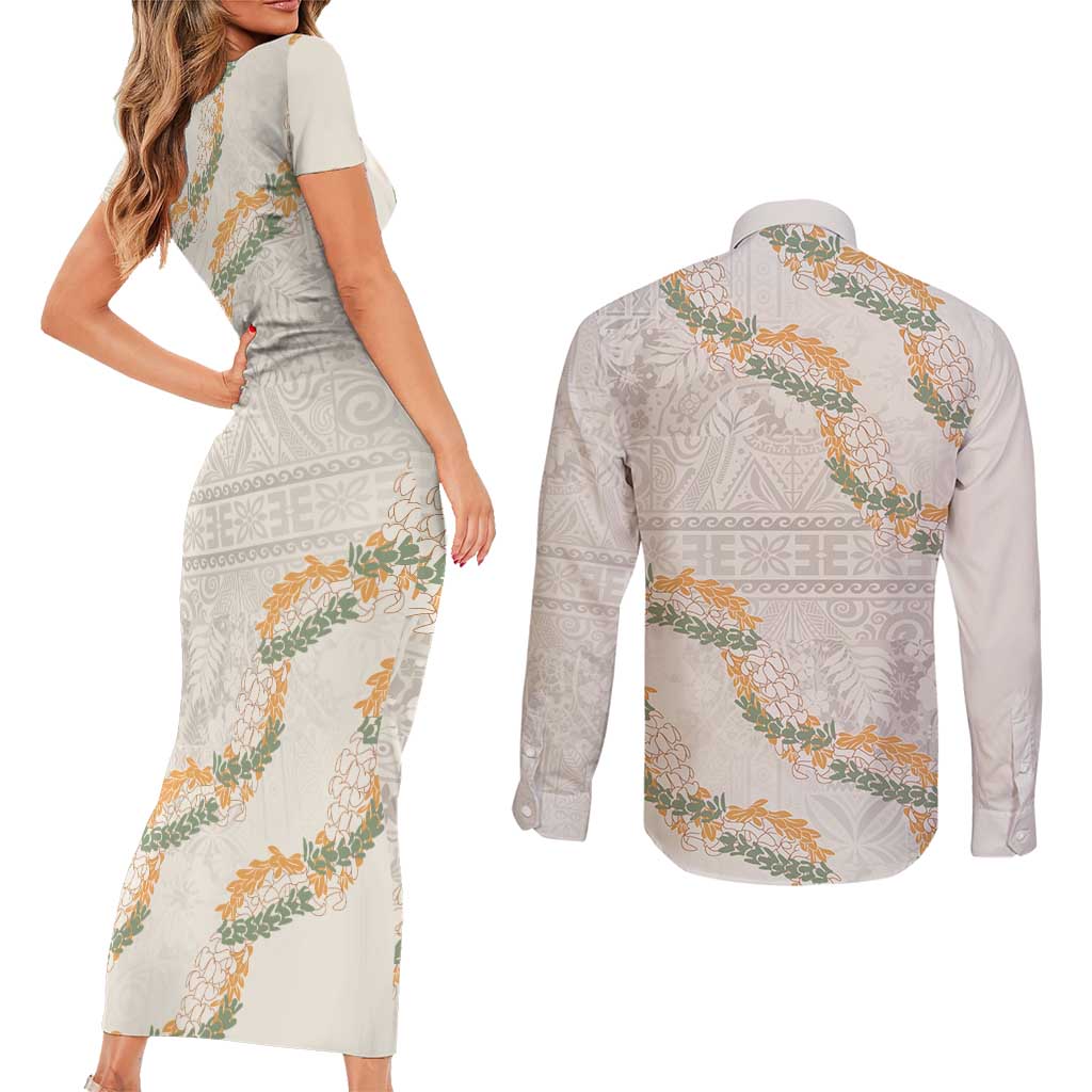 Aloha Pakalana and Puakenikeni Lei Couples Matching Short Sleeve Bodycon Dress and Long Sleeve Button Shirt Beige Hawaiian Pattern