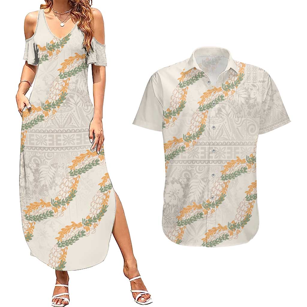 Aloha Pakalana and Puakenikeni Lei Couples Matching Summer Maxi Dress and Hawaiian Shirt Beige Hawaiian Pattern