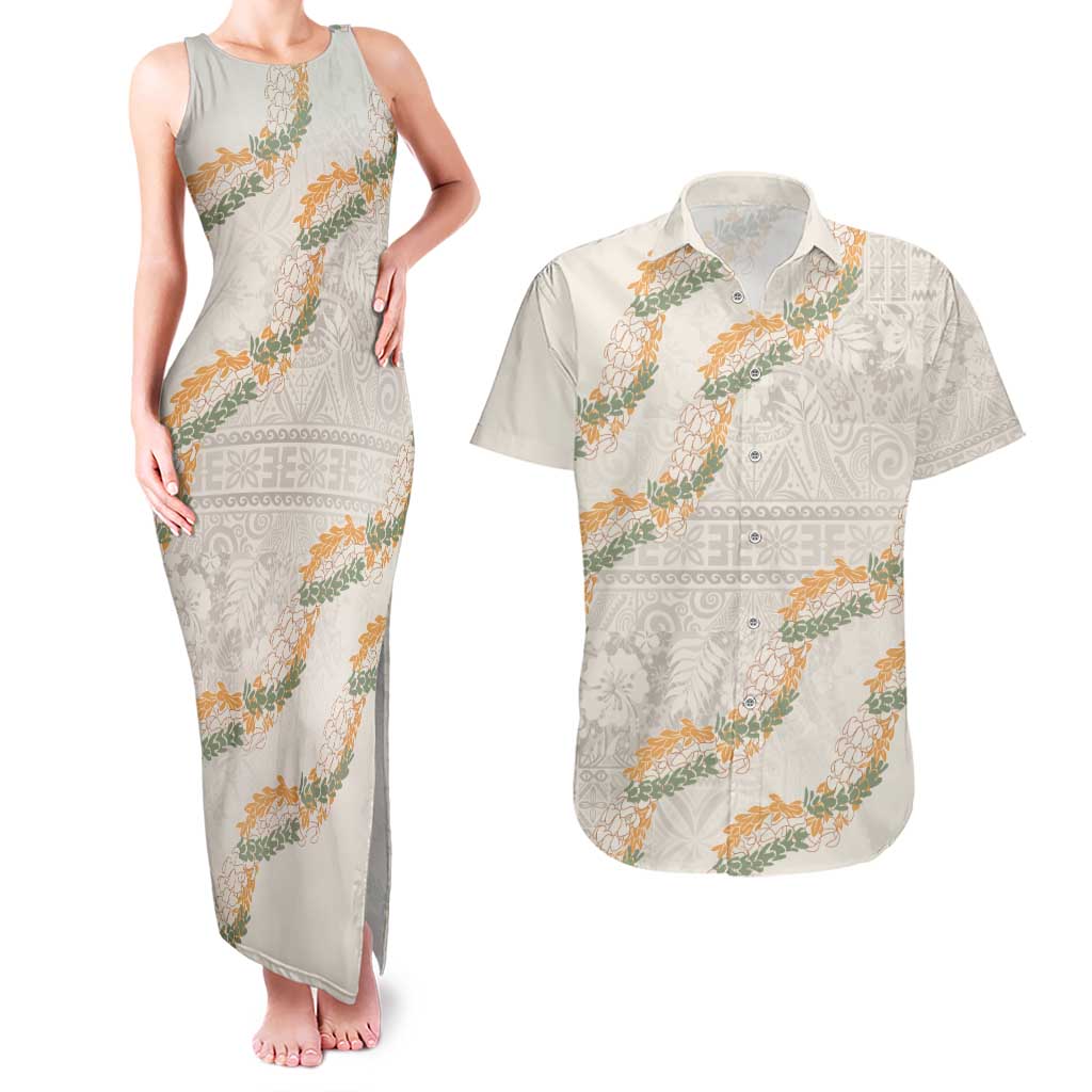 Aloha Pakalana and Puakenikeni Lei Couples Matching Tank Maxi Dress and Hawaiian Shirt Beige Hawaiian Pattern LT9 Beige - Polynesian Pride